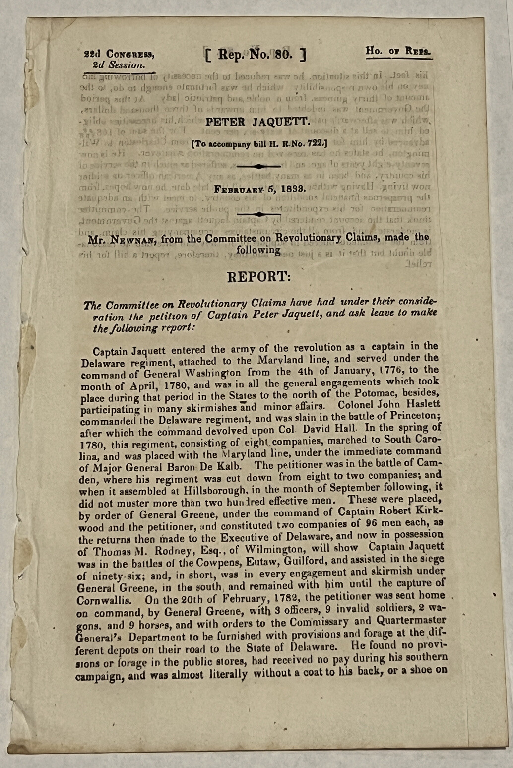 RARE 1833 REV. WAR DOC. CAPTAIN 