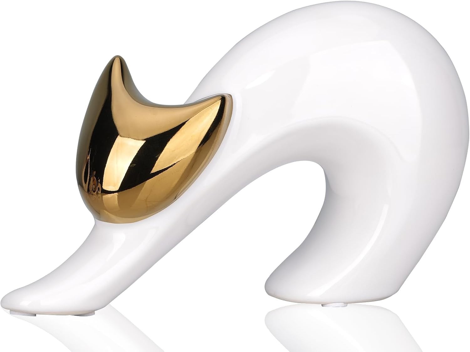 Abstract Stretching Cat Statue Modern Home Decor 4.75 Inch White Gold Figurine Abstract Stretching Cat Statue Modern Home Decor 4.75 Inch White Gold Figurine