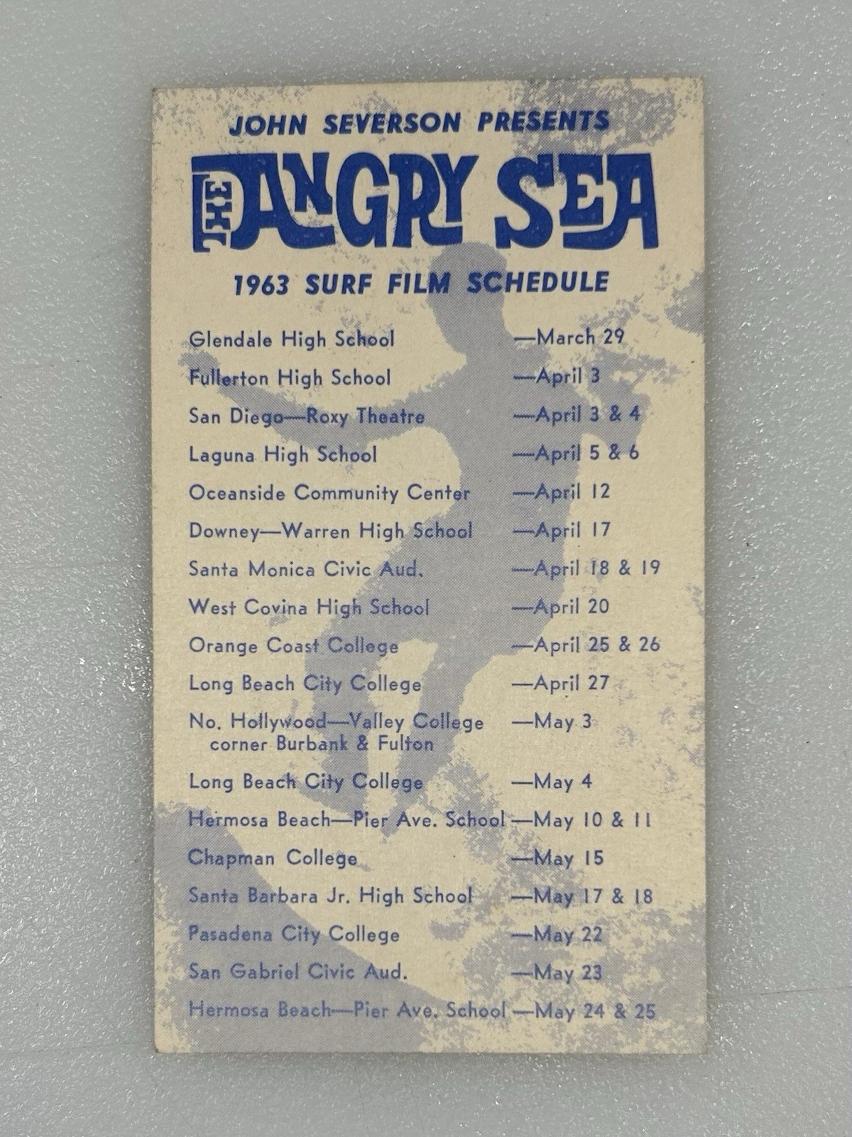 1963 The Angry Sea Surf Film Schedule Paper Card John Severson Super Rare 1963 The Angry Sea Surf Film Schedule Paper Card John Severson Super Rare