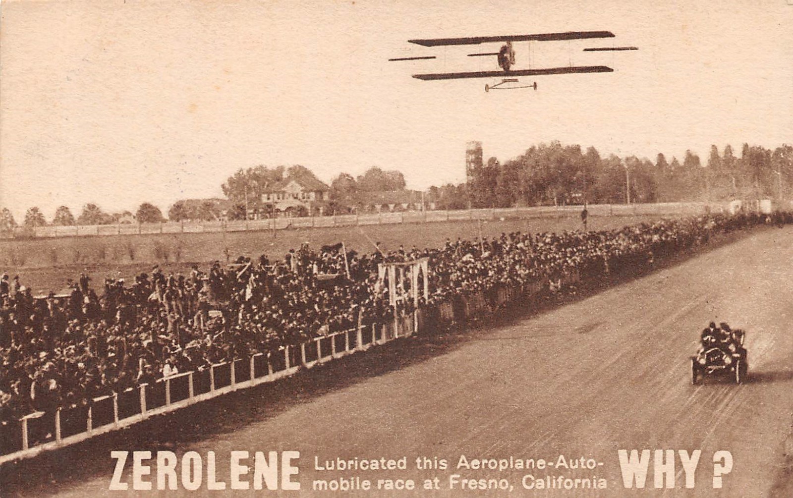 Zerolene Standard Oil Company Car Racing Biplane Fresno CA c1910 Postcard Zerolene Standard Oil Company Car Racing Biplane Fresno CA c1910 Postcard