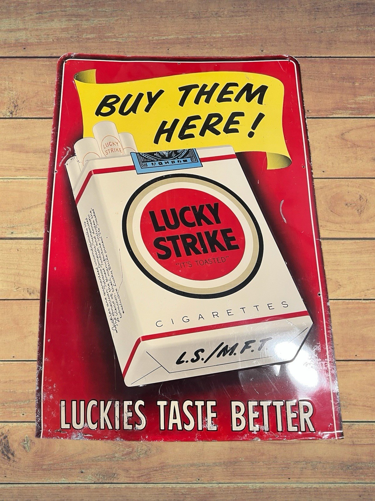 Vintage 1950s Lucky Strike Cigarettes Embossed Metal Tin Sign Authentic 22.5x16