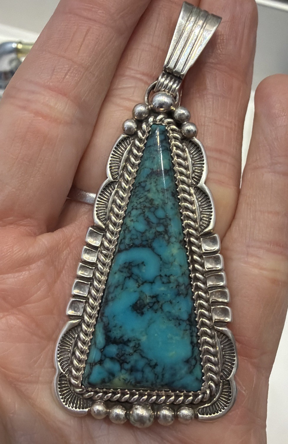 Vtg Will Denetdale Navajo Sterling Silver Webbed Kingman Turquoise Pendant 3.25\