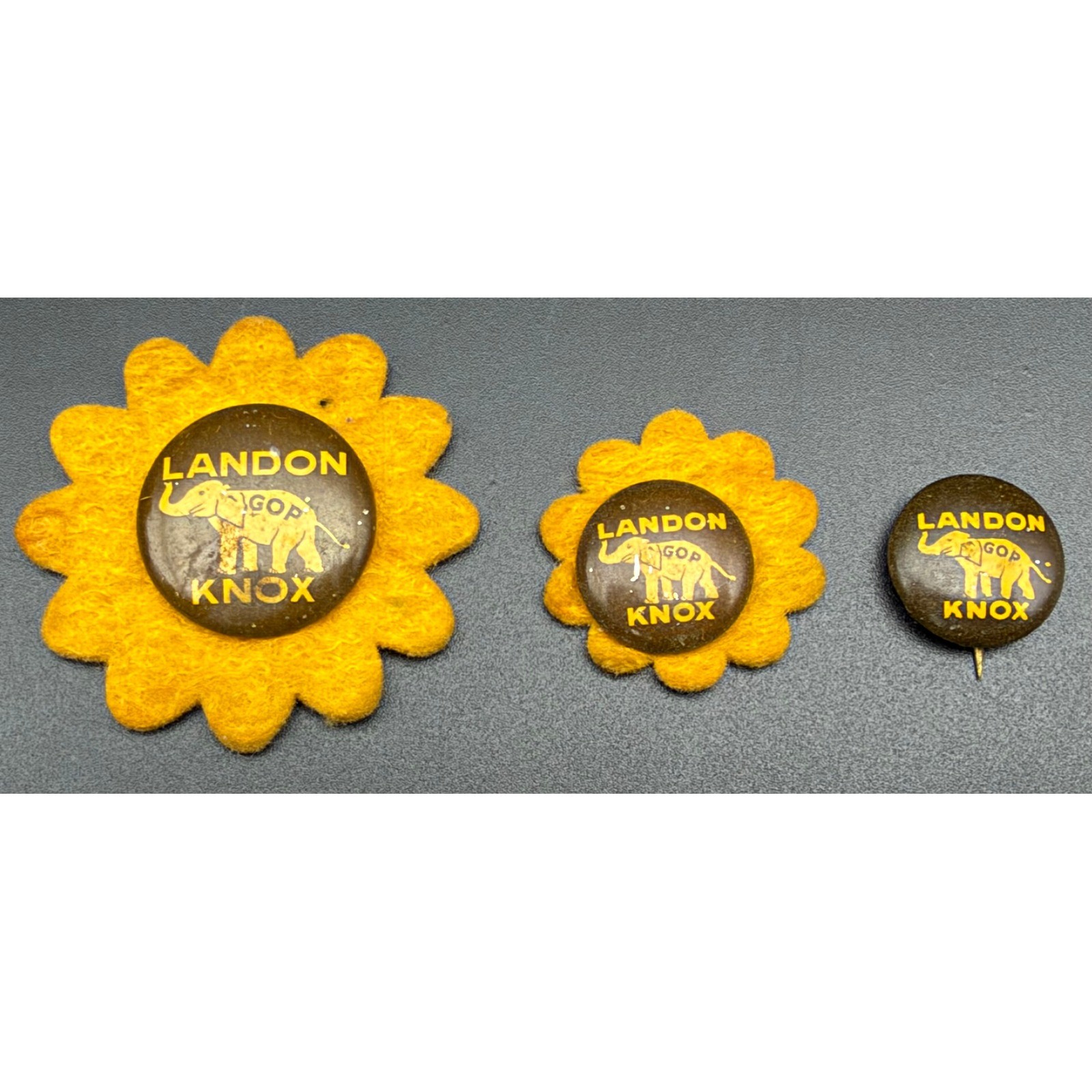Vintage 1936 Landon Knox GOP Elephant Campaign Pins Sunflower Set of 3