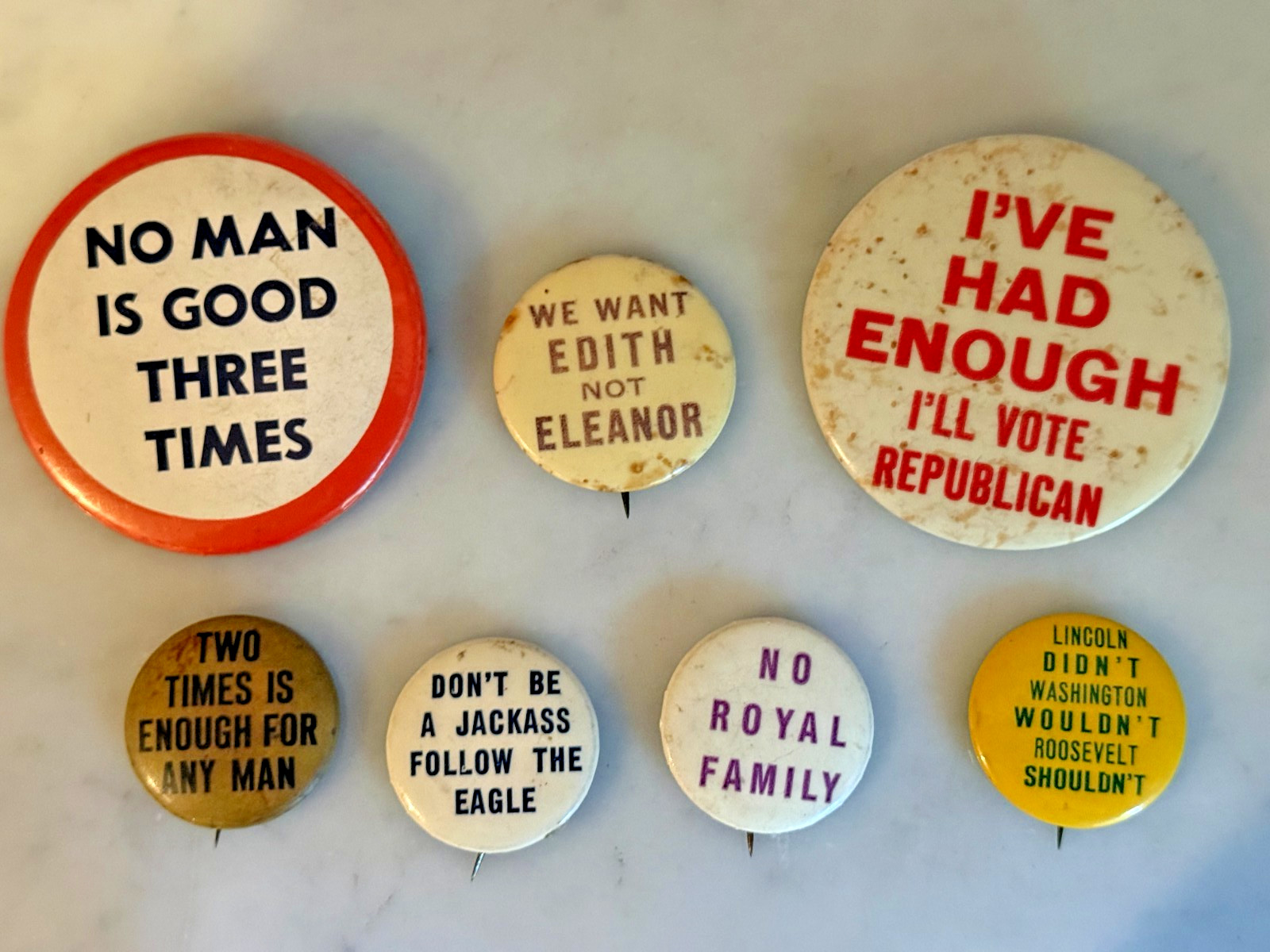Vintage Anti-FDR Roosevelt Republican Political Campaign Pinback Button Lot of 7 Vintage Anti-FDR Roosevelt Republican Political Campaign Pinback Button Lot of 7