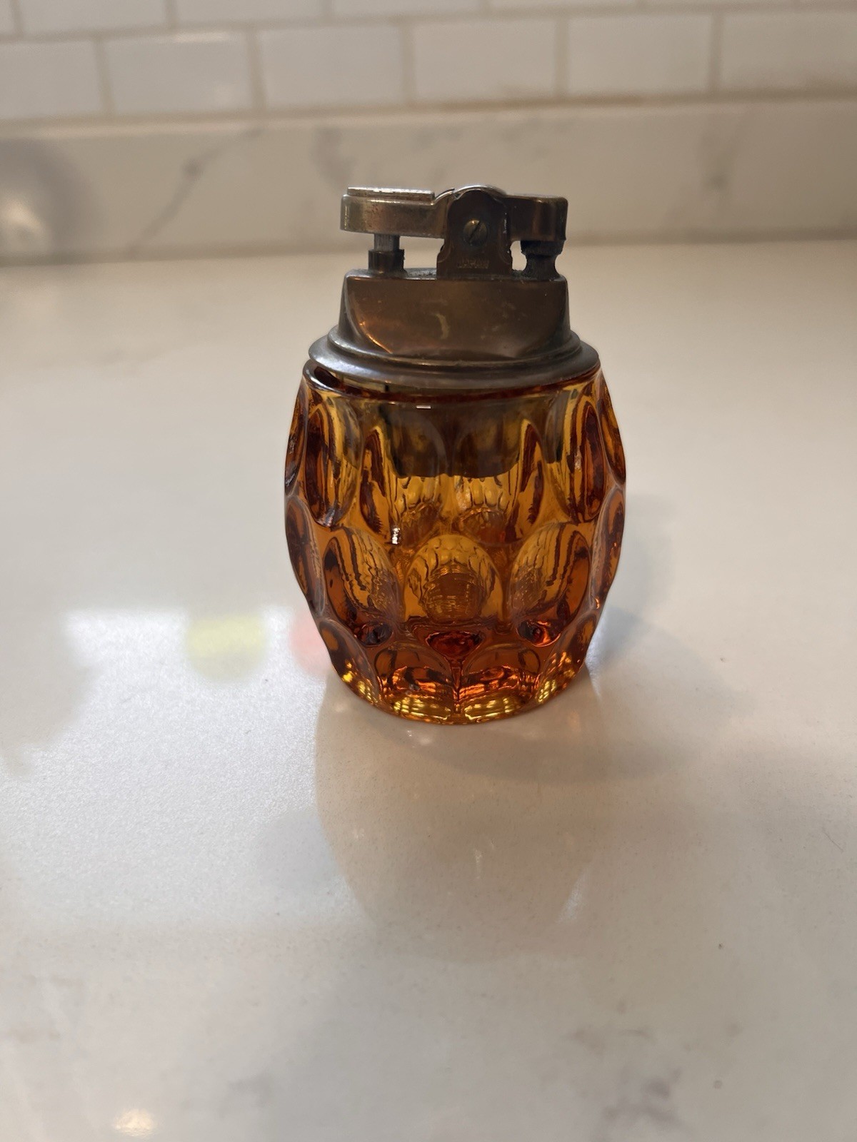 Fenton Amber Lighter Glass Thumbprint Pattern Table Top Lighter *READ*
