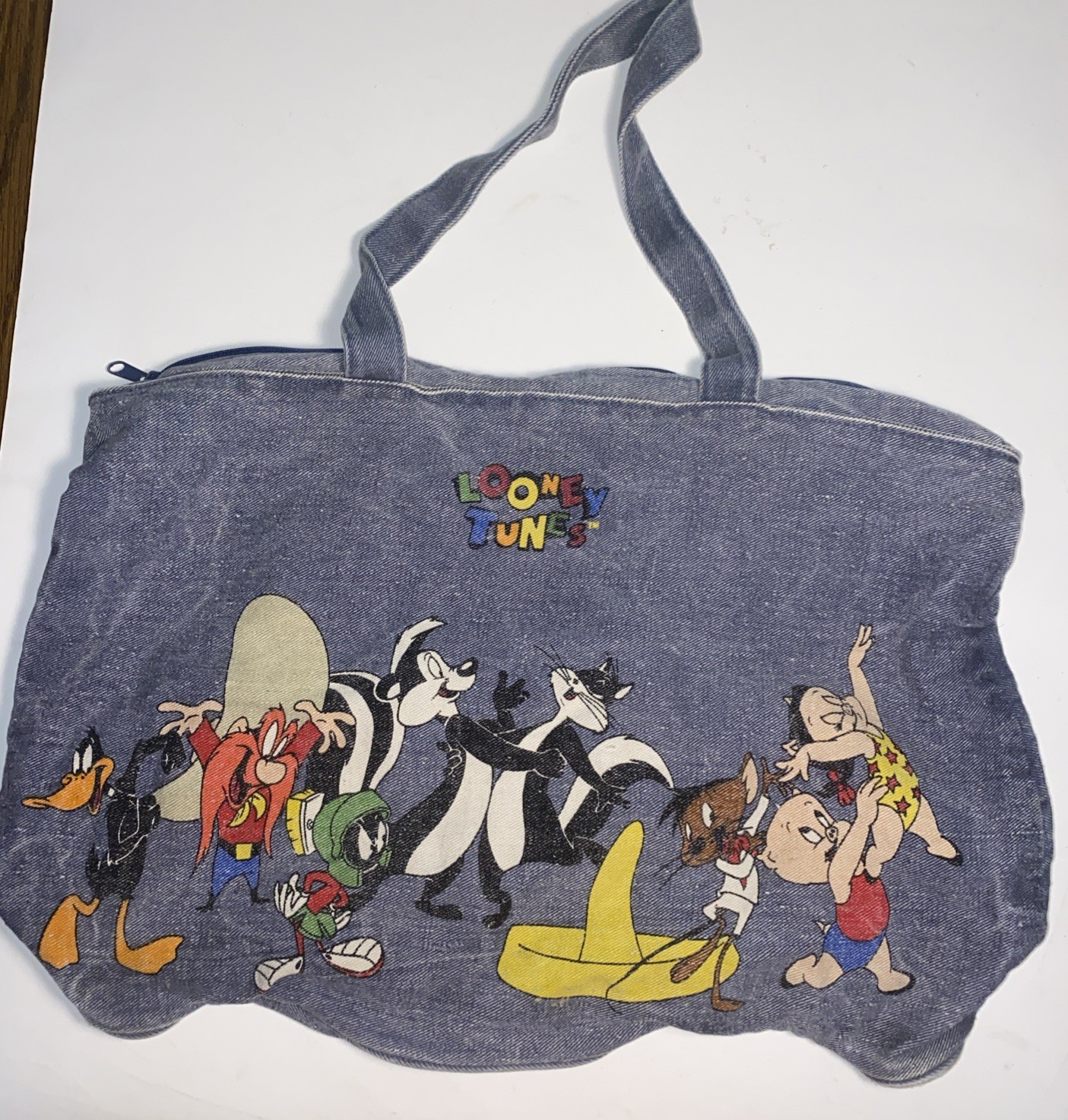 Vintage 1993 WB Looney Tunes Bugs Bunny Denim Tote Travel Bag Pepe Le Pew Speedy