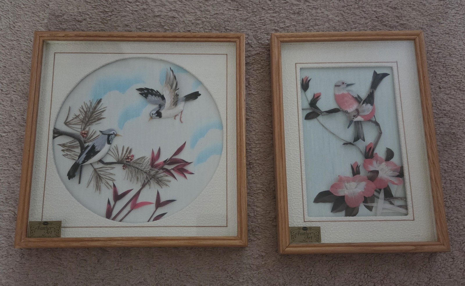 Pair Of Two Framed 3D Chinese Feather Art Bird Pictures