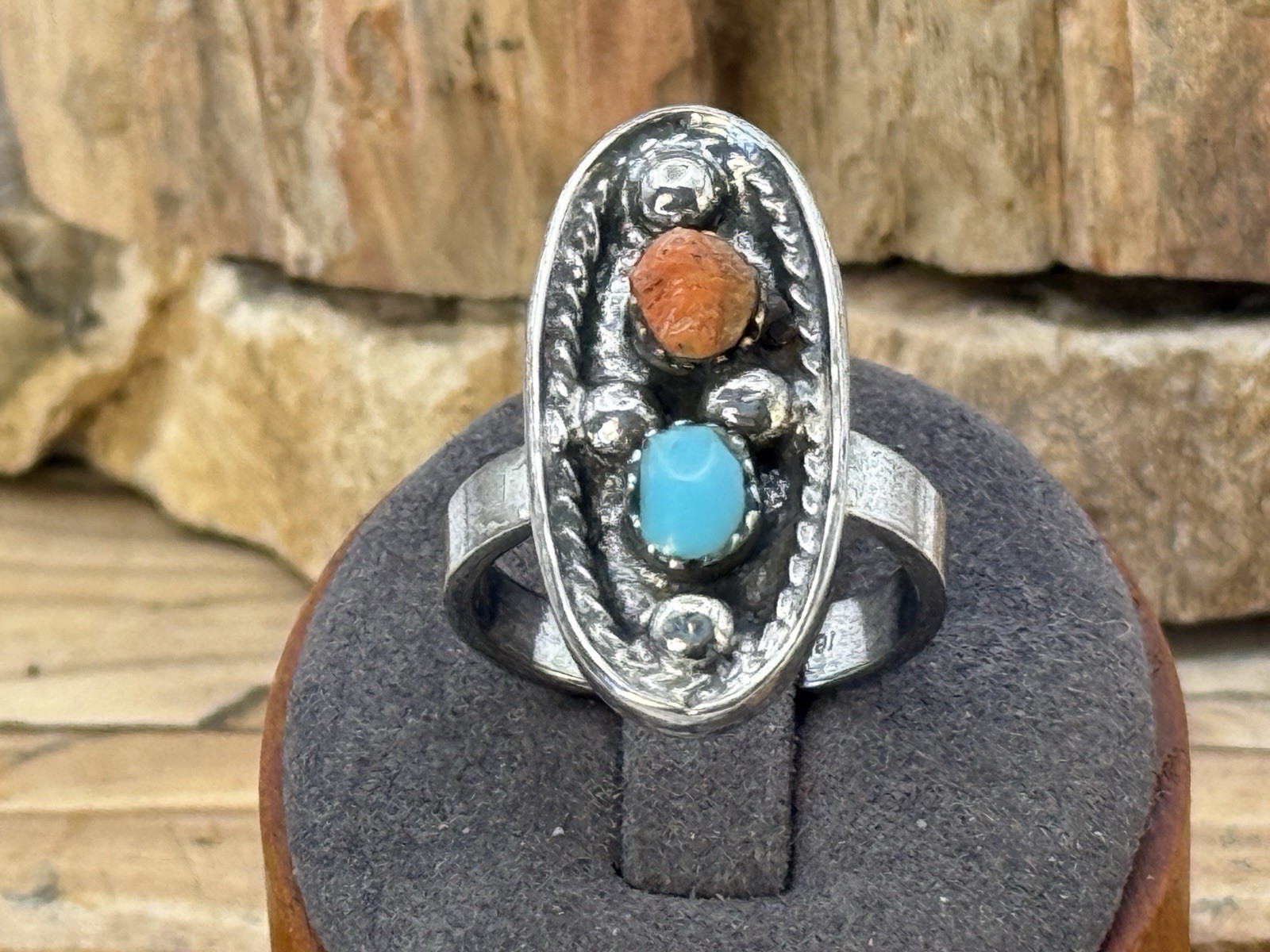 Vintage Native Navajo Sterling Silver Large Turquoise Coral Ring sz 9.5--409.26 Vintage Native Navajo Sterling Silver Large Turquoise Coral Ring sz 9.5--409.26