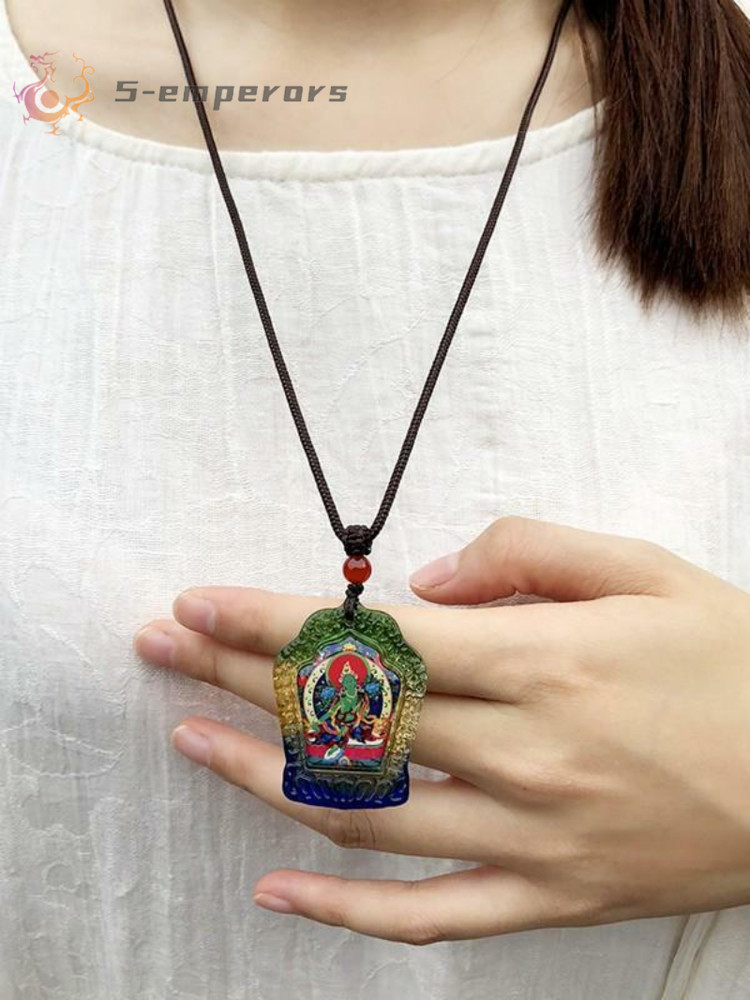 4.2cm Feng Shui Green Tara Pendant Sanskrit Tibetan Buddhist Amulet Necklace
