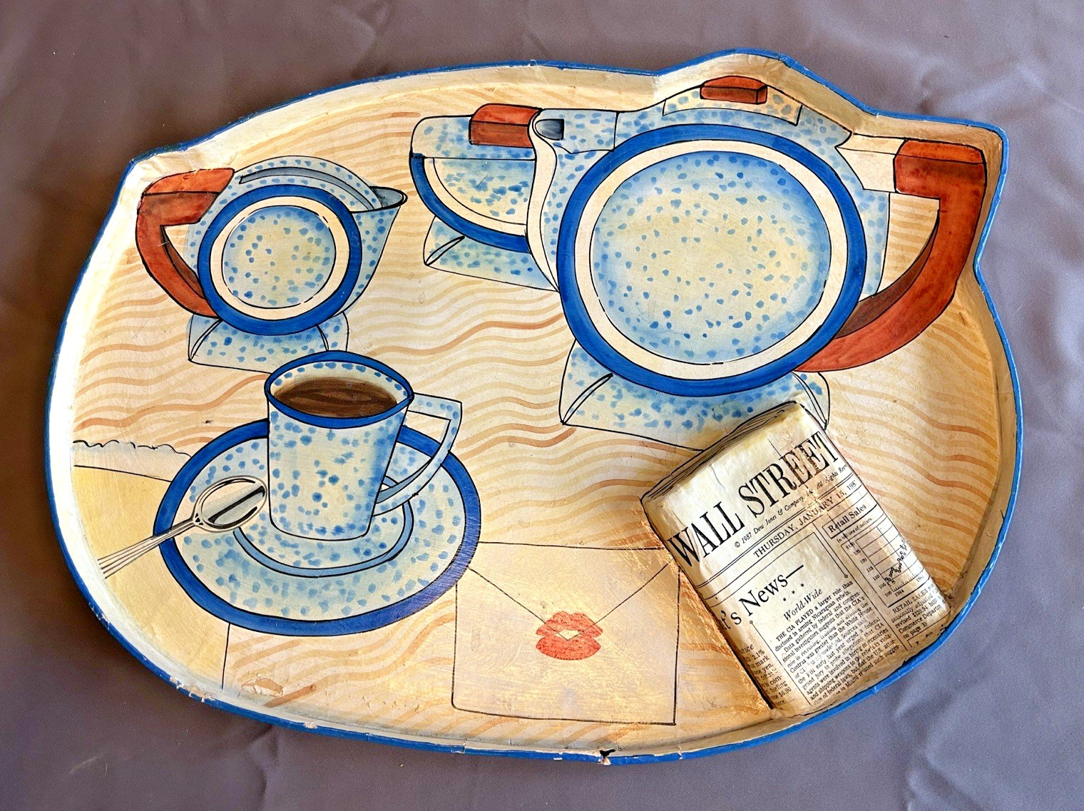 Rare Vintage Retro 1970s Paper Mache Wall Street Journal Coffee Pot Serving Tray