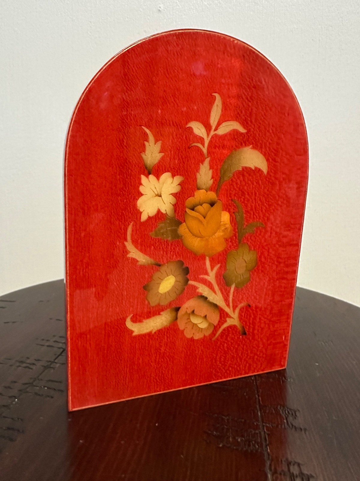Vintage Red Italian Inlaid Wood Floral Design Bookend