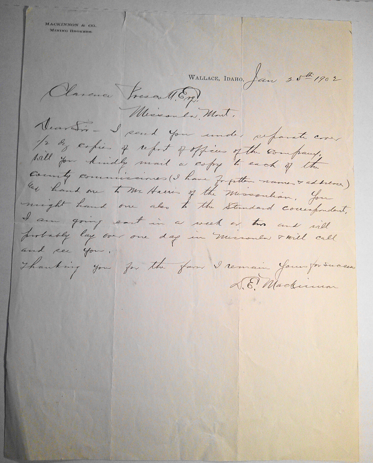 MacKinnon & Co., Mining Brokers, Wallace, Idaho, 1902 Business Letter MacKinnon & Co., Mining Brokers, Wallace, Idaho, 1902 Business Letter