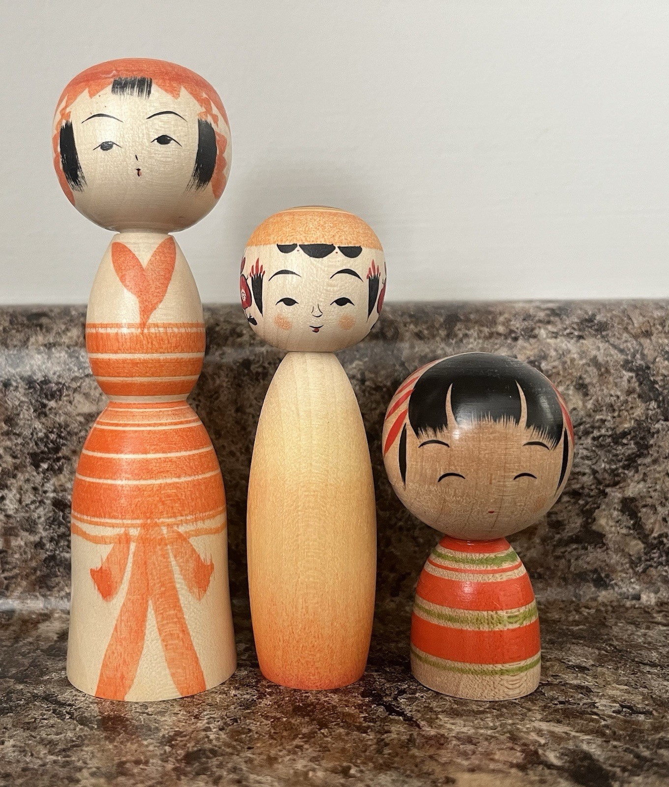 Set of 3 Signed Orange Kokeshi Dolls