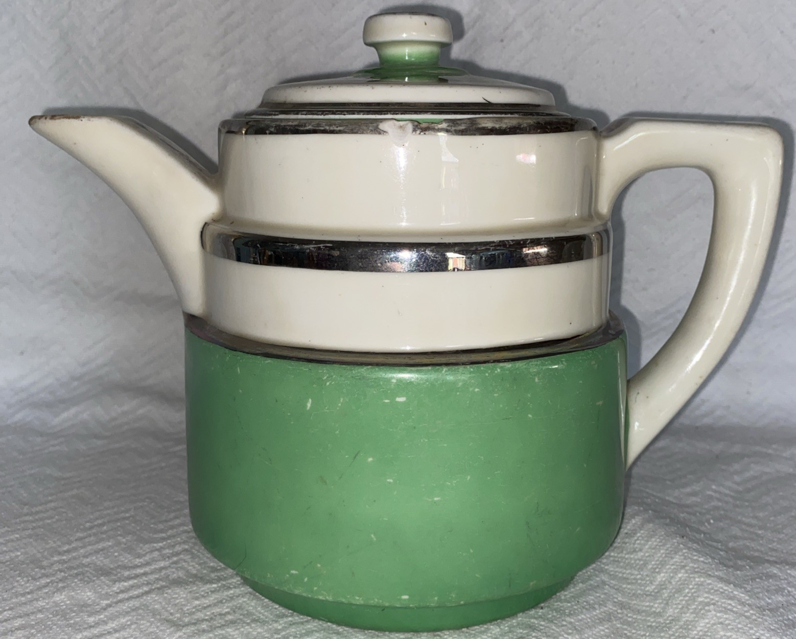Vintage Fraunfelter 387 China Coffee/ Teapot “1930’s” Green/White Silver Trim Vintage Fraunfelter 387 China Coffee/ Teapot “1930’s” Green/White Silver Trim