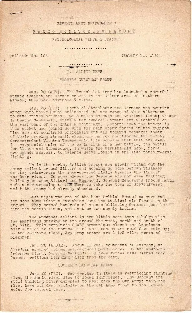 Group of 6  7th Army HQ Radio Monitoring Report Psychological Warfare, 3rd Group