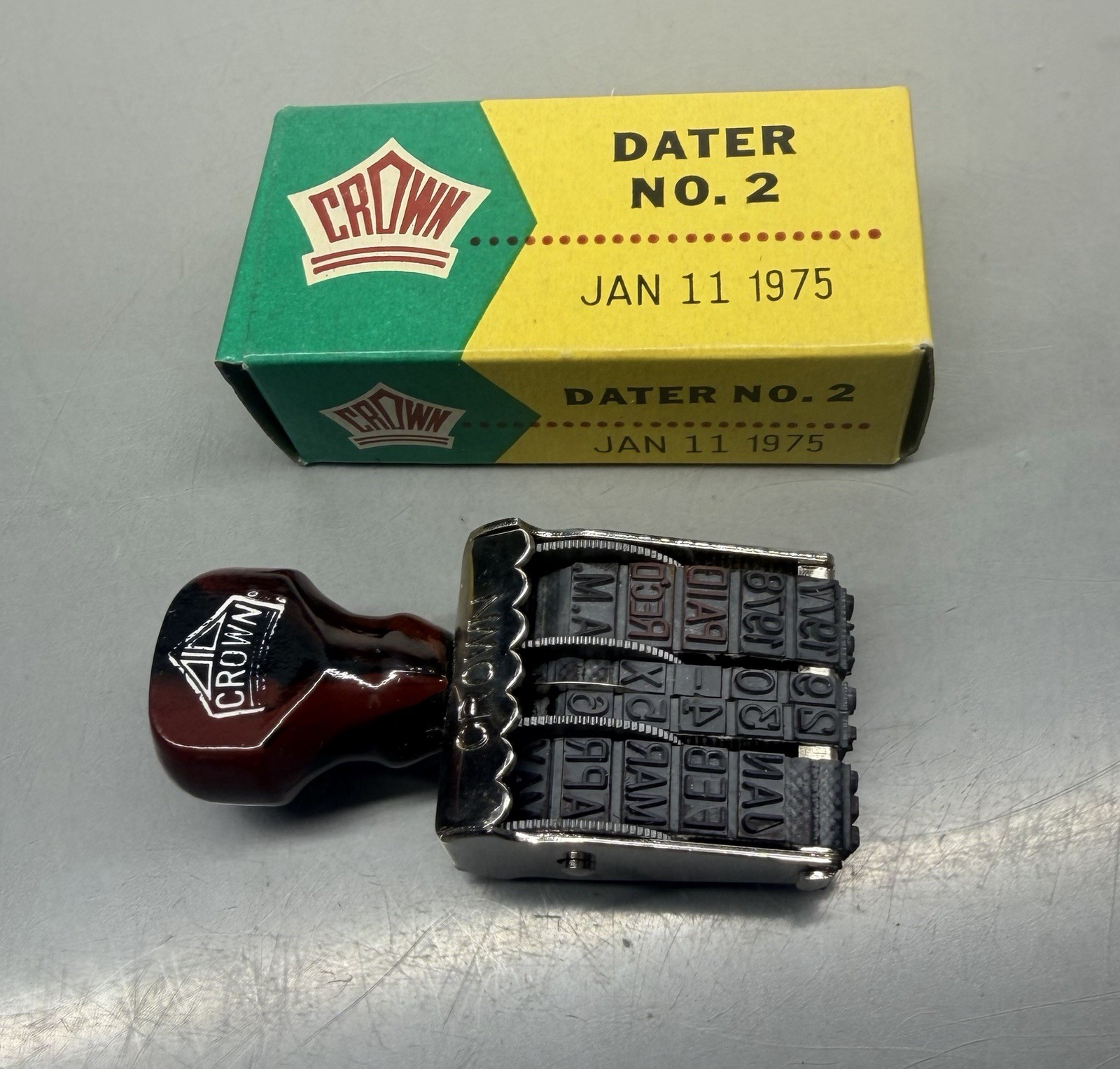 Vintage 1970’s Crown Date Ink Stamper Stamp ~ With Box