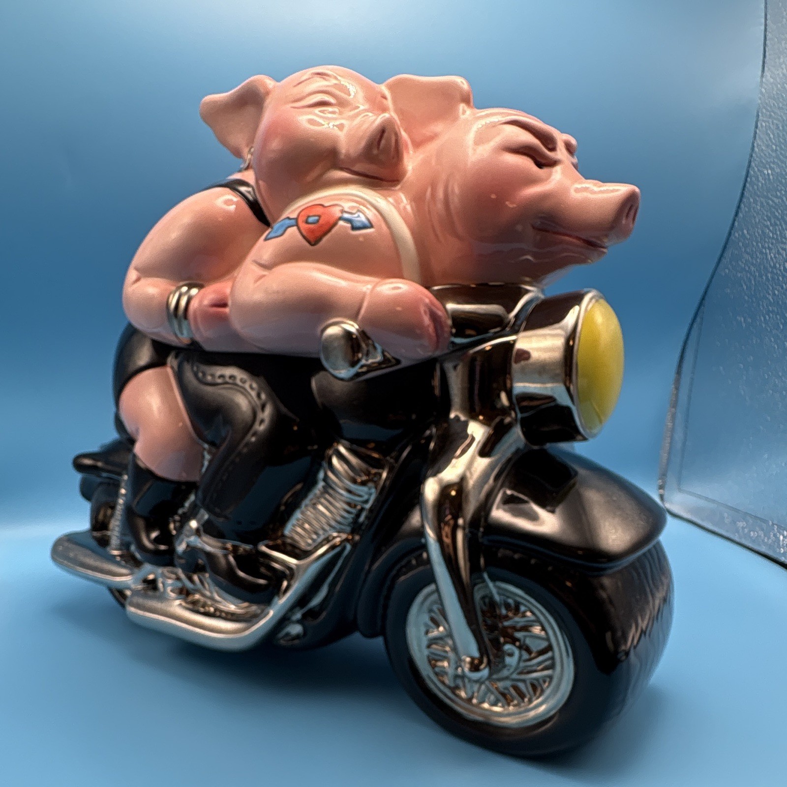Vintage 1999 Clay Art Biker Hogs Motorcycle Cookie Jar Hand Painted Pigs