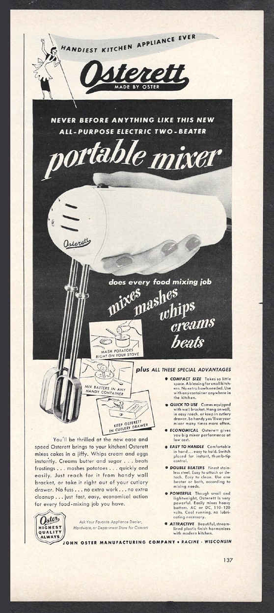 1949 Oster OSTERETTE PORTABLE MIXER Ad \