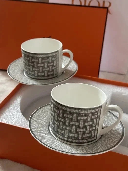 Hermes Mosaique au 24 Platinum Gray Porcelain Coffee Tea Cup Saucer Set of 2 Two