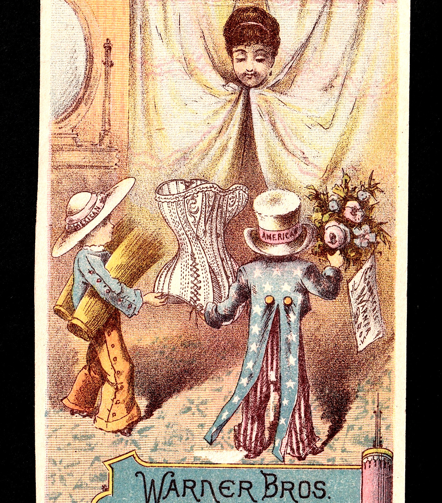 Antique Victorian Corset Uncle Sam Courting Warner Bros Coraline Trade Card j.US