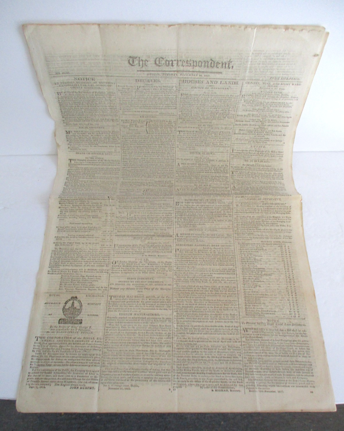 1817 THE CORRESPONDENT, Dublin Ireland Newspaper 1817 THE CORRESPONDENT, Dublin Ireland Newspaper