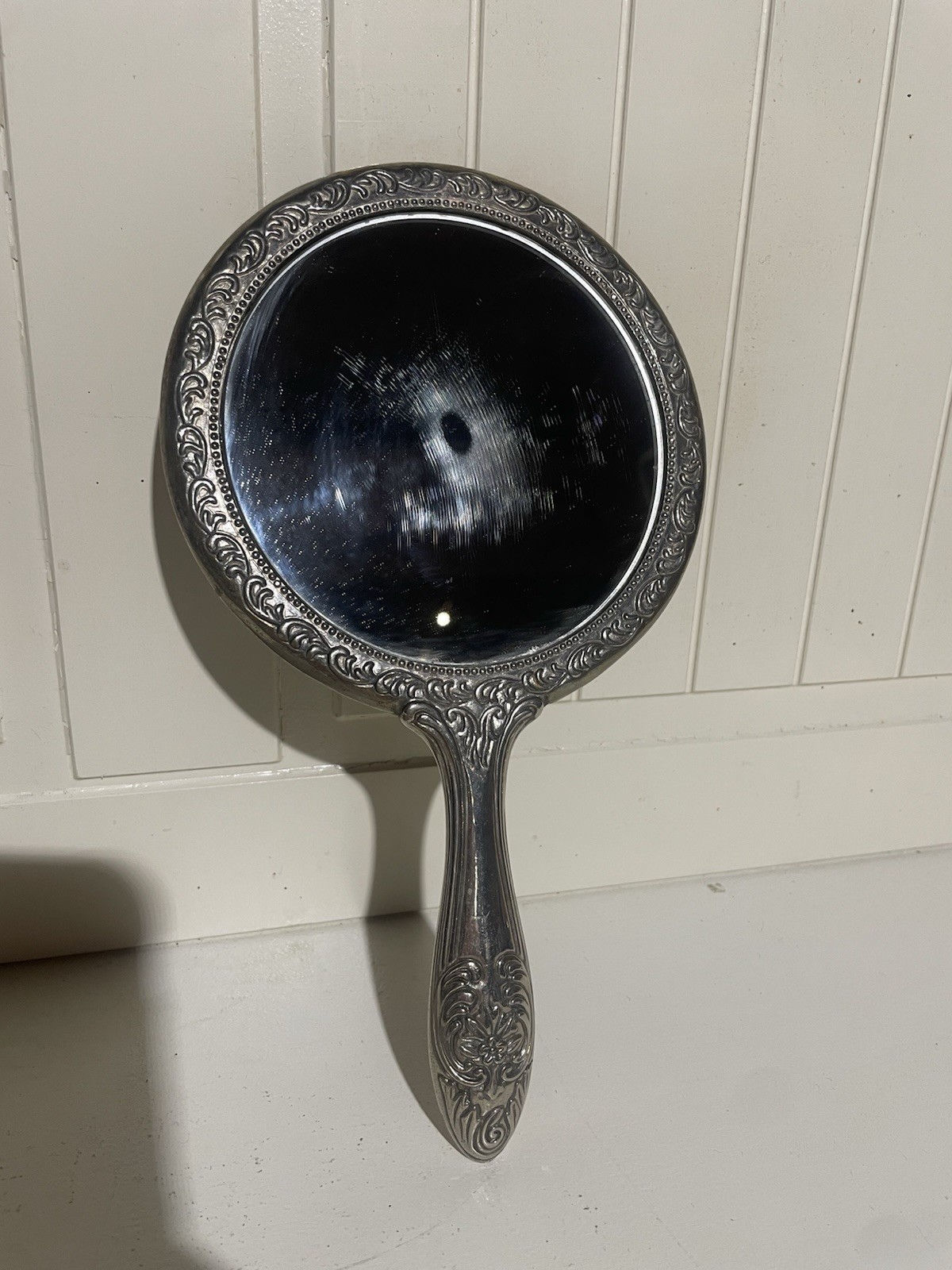 Vintage Antique Ornate Silver Plated Hand Mirror Victorian Style Floral Repoussé