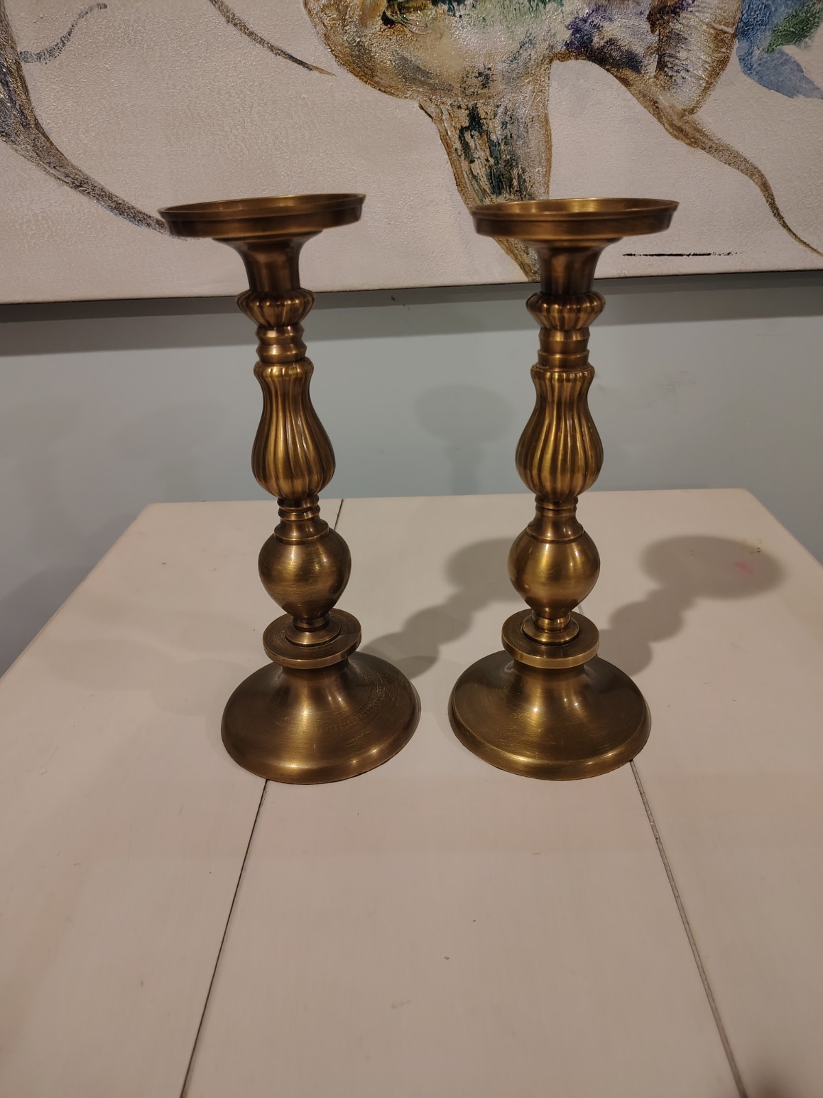 Vintage Brass Pillar Candle Holders Set 2 Tall Spindle Fluted Boho Decor 11\