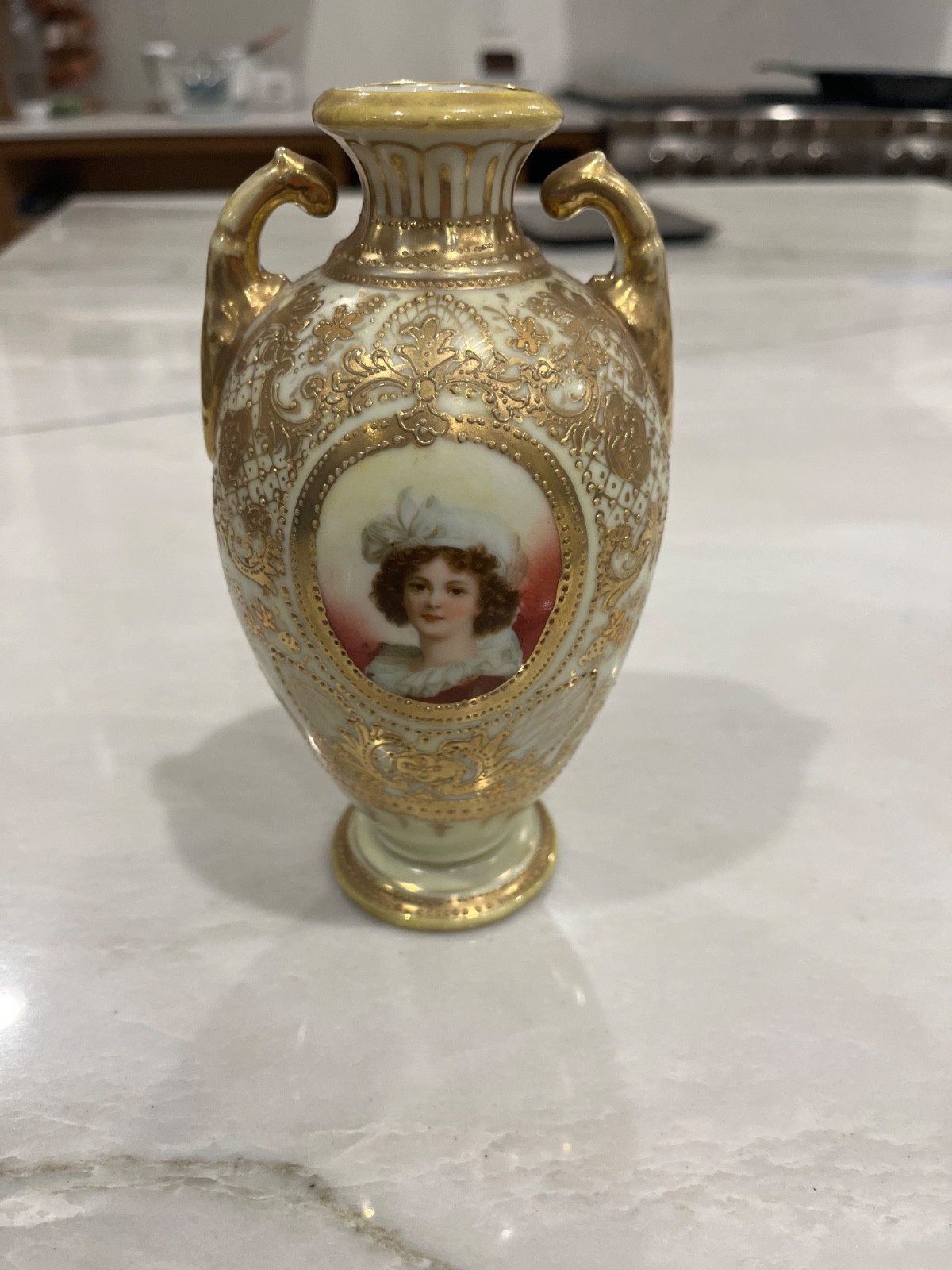 ANTIQUE 1909 Nippon Hand-Painted Vase, Countess Anna Potocka Portrait Gold/Roses