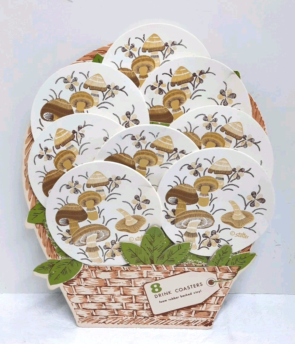 VTG HJ Stotter Drink Coasters w/Basket Holder MUSHROOMS 5