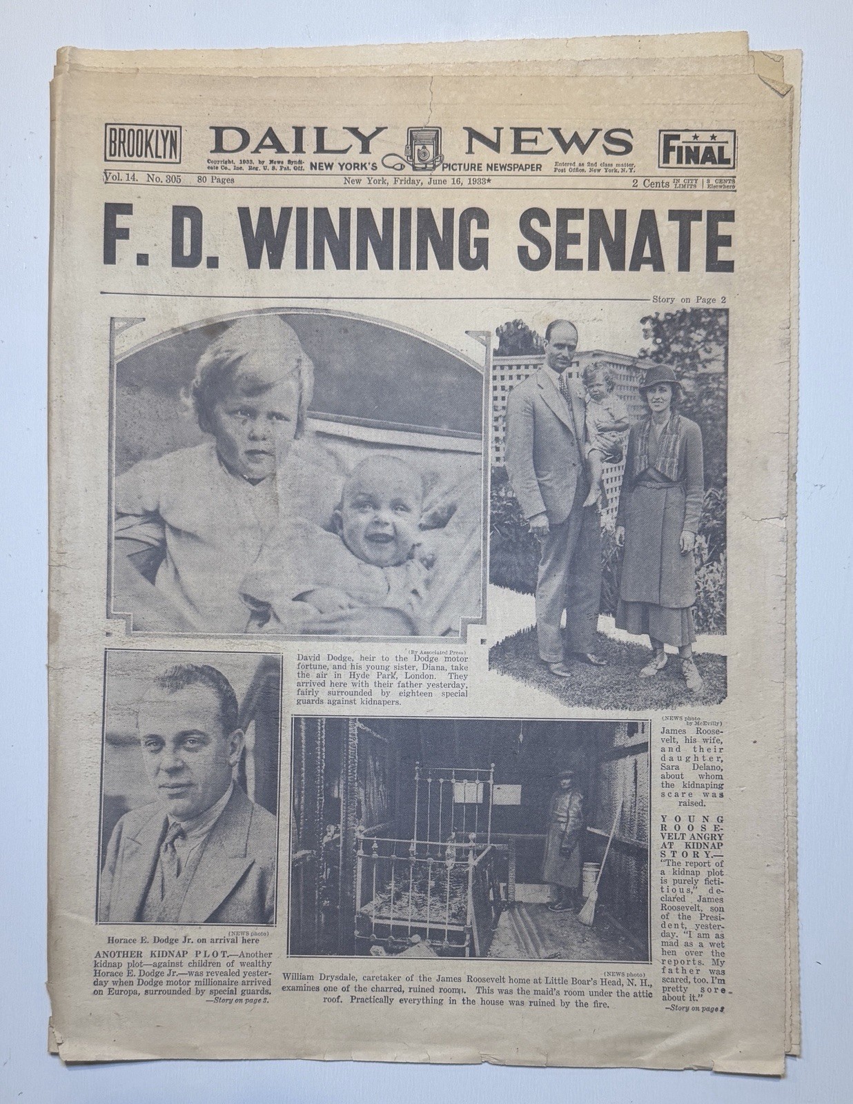 Vintage 1933 - FDR “Winning Senate” - NY Daily News Newspaper - BK Dodgers Back