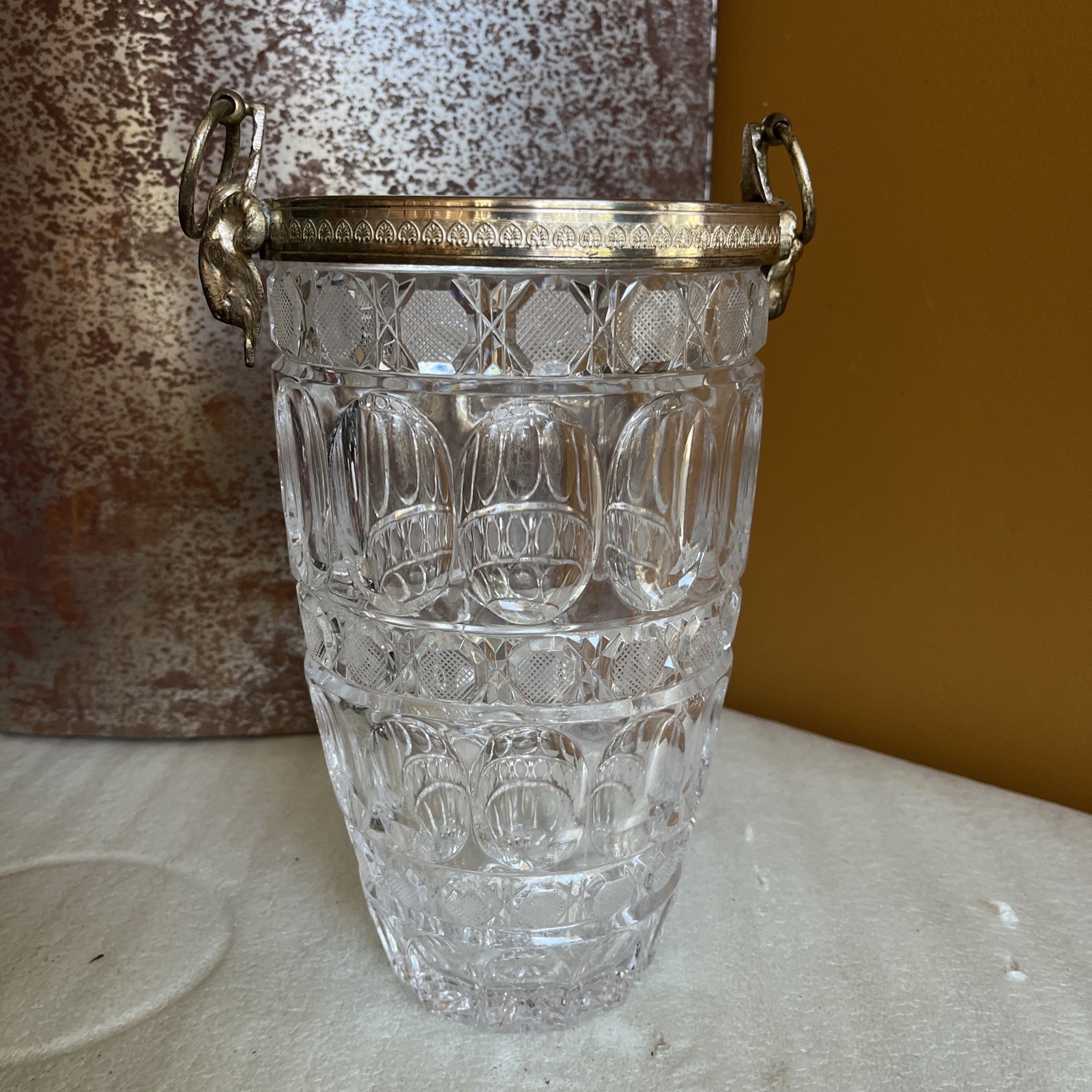 Vintage French Clear Cut Crystal & Metal Champagne Ice Bucket Ram Head Handle