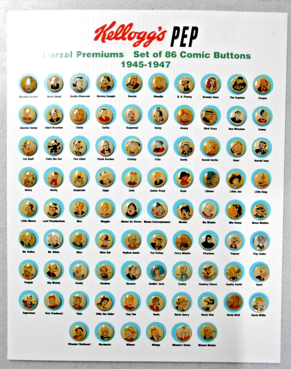 Kellogg\'s Pep Cereal set of 86 Comic Buttons on Plastic Board Kellogg\'s Pep Cereal set of 86 Comic Buttons on Plastic Board