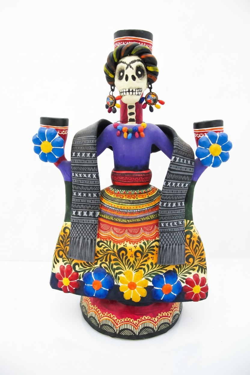 Alfonso Castillo Orta FRIDA KAHLO Day of the Dead Mexico Folk Pottery Candelabra