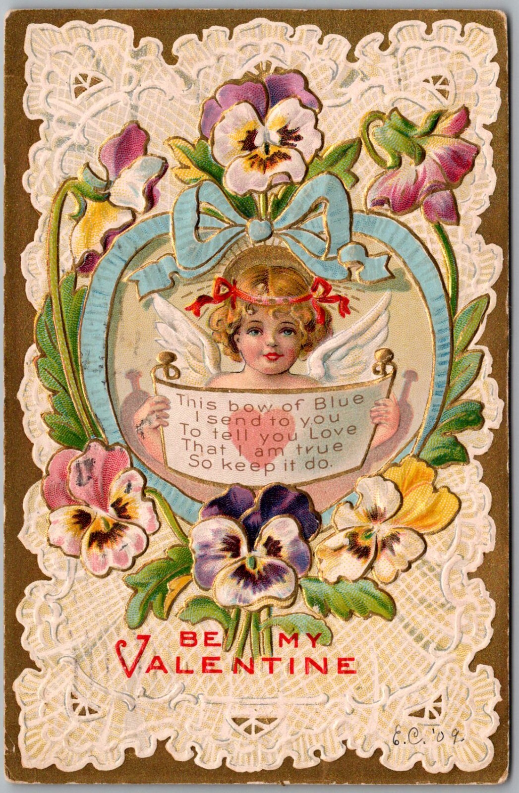 Postcard Antique Be My Valentine Postcard w/Cherub in Blue Bow Heart 1909 iC Postcard Antique Be My Valentine Postcard w/Cherub in Blue Bow Heart 1909 iC