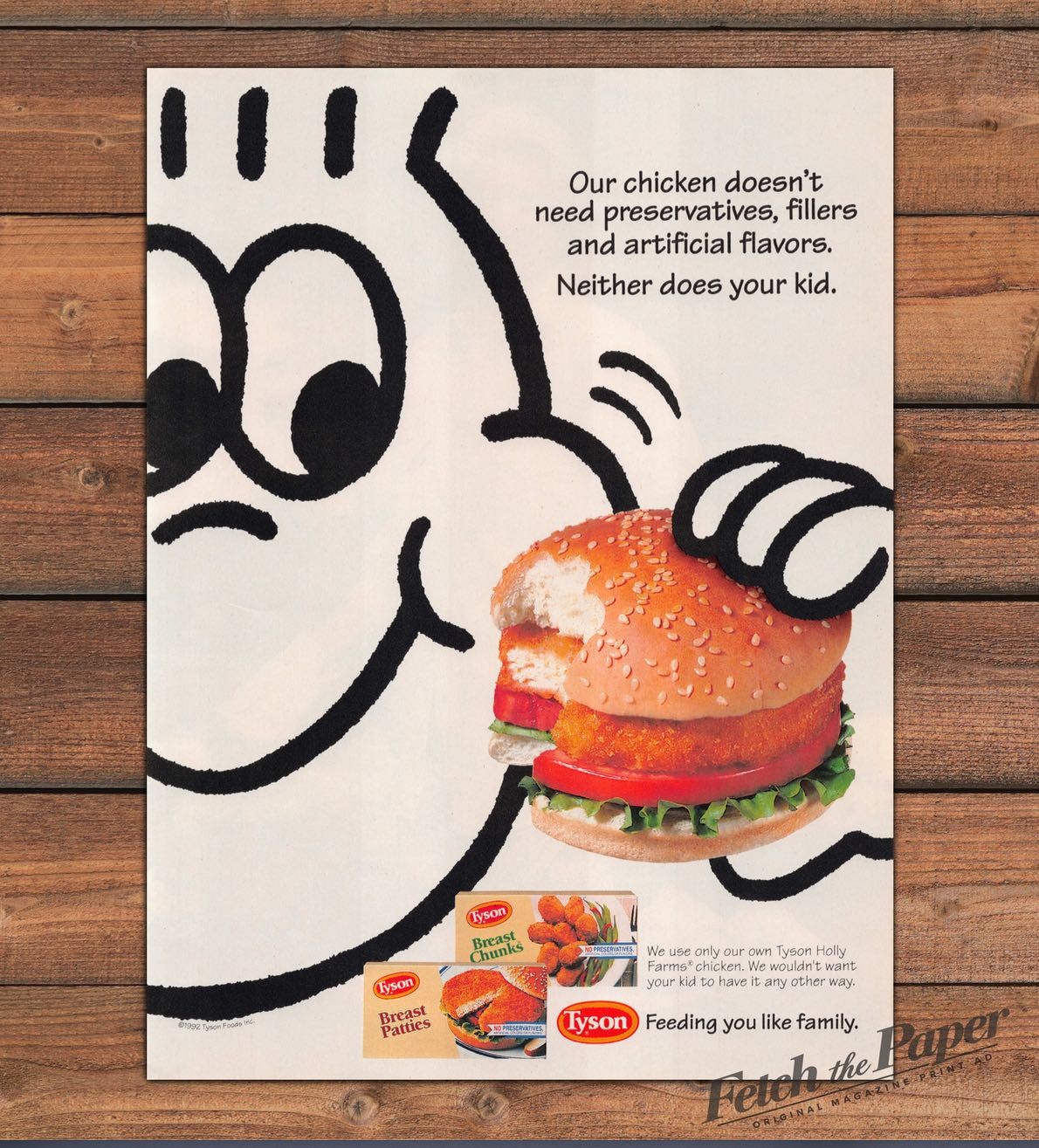 Tyson Chicken Sandwich Smiley Cartoon No Preservatives Print Ad 1993 1990s