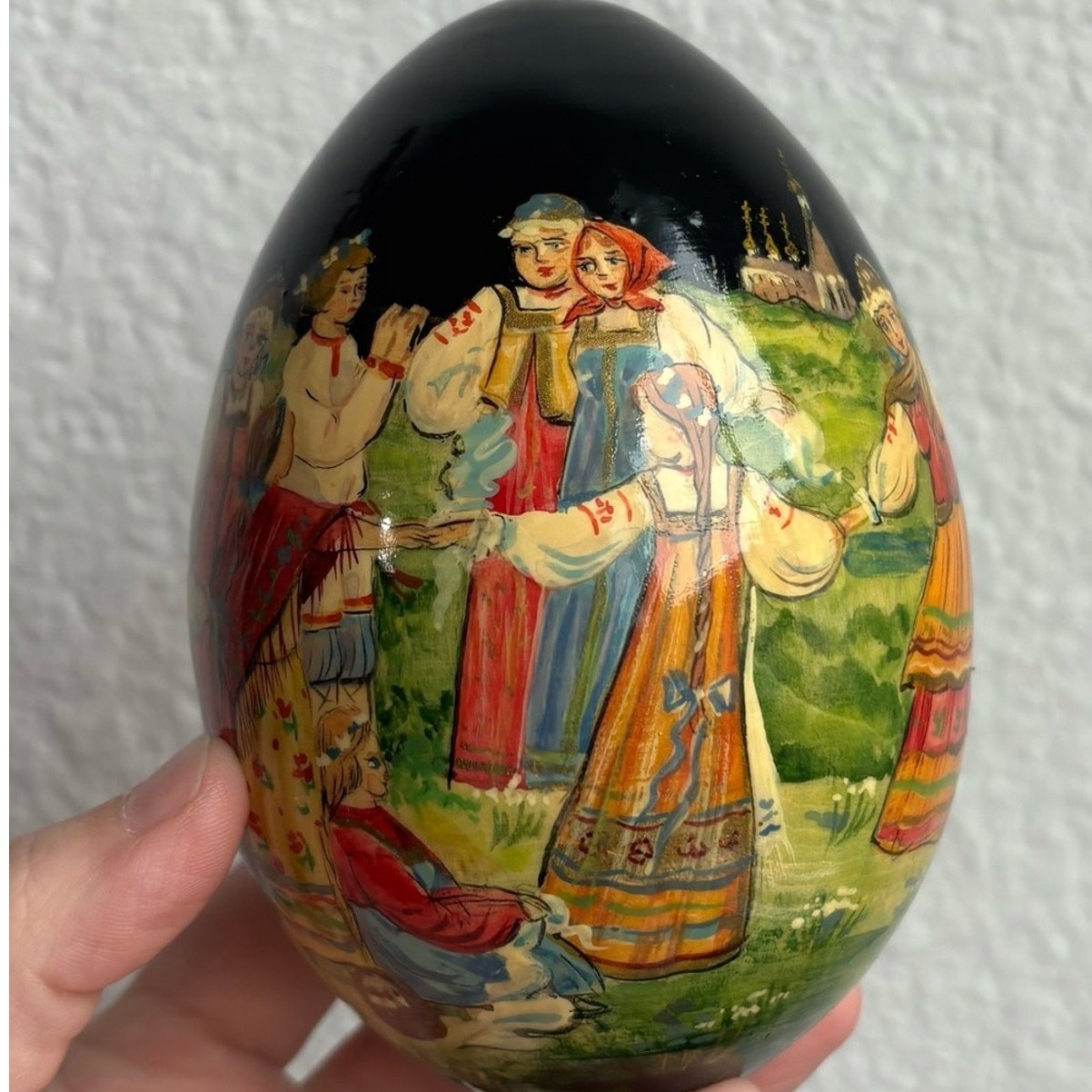 Russian Hand Painted Wooden Lacquer Egg Khorovod Folk Dance Signed Artist Russian Hand Painted Wooden Lacquer Egg Khorovod Folk Dance Signed Artist
