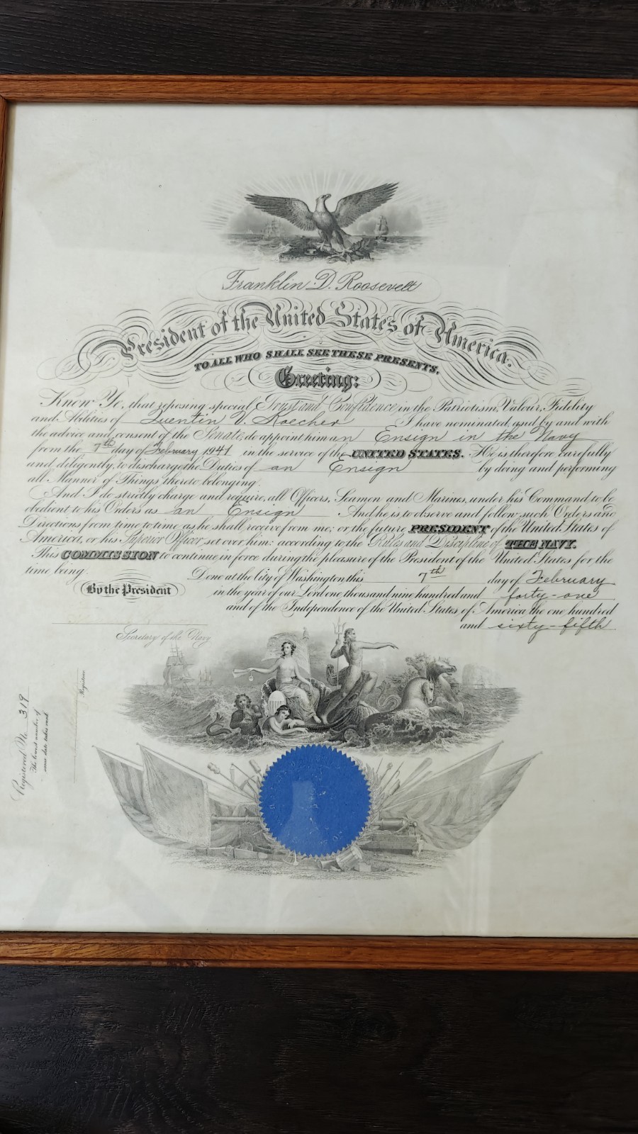 Franklin D. Roosevelt Commission Ensign Quentin Koecher, Frank Knox Signed WWII Franklin D. Roosevelt Commission Ensign Quentin Koecher, Frank Knox Signed WWII