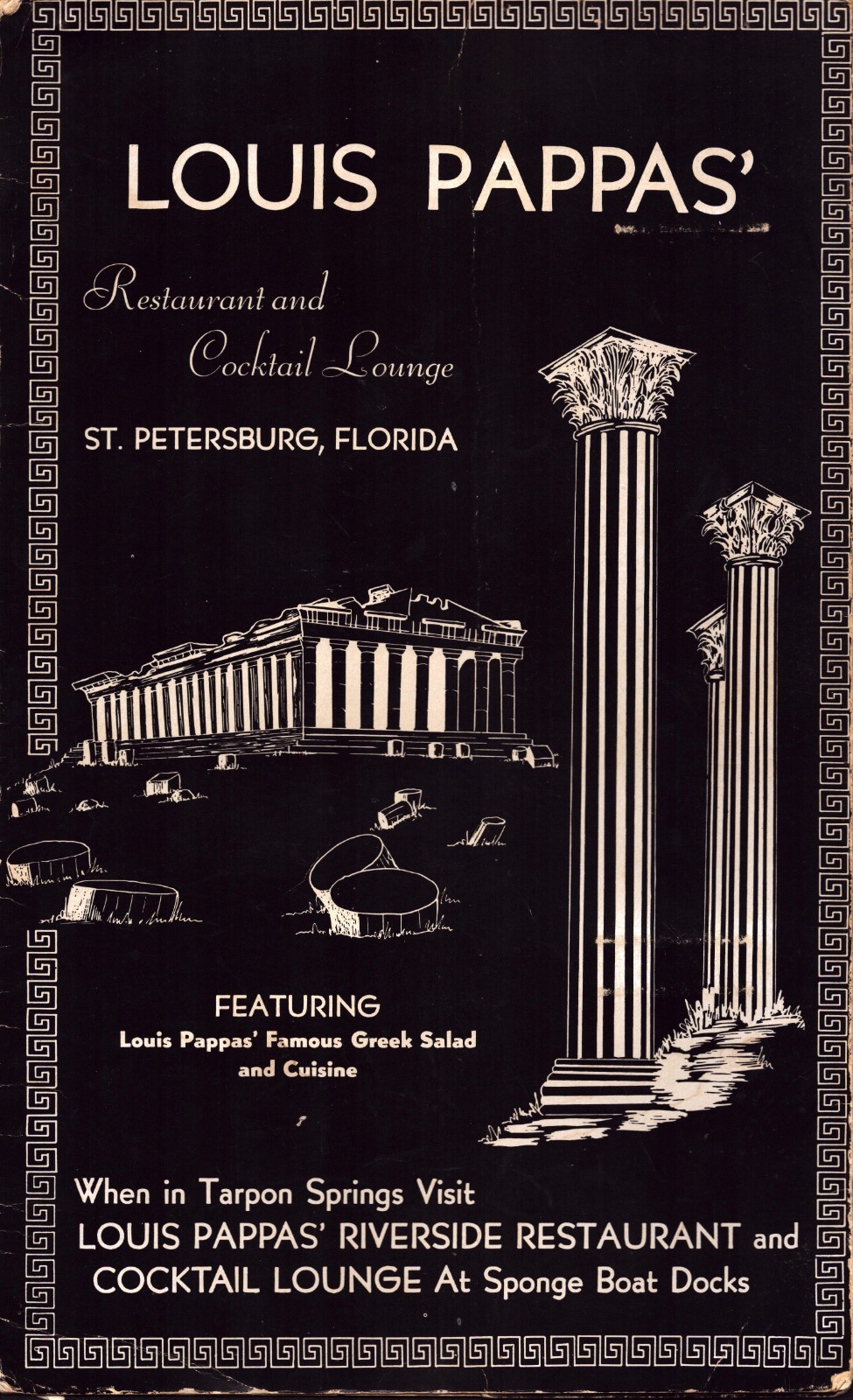 Louis Pappas Vintage Menu 1960s Tarpon Springs St Petersburg Sponge Boat Docks