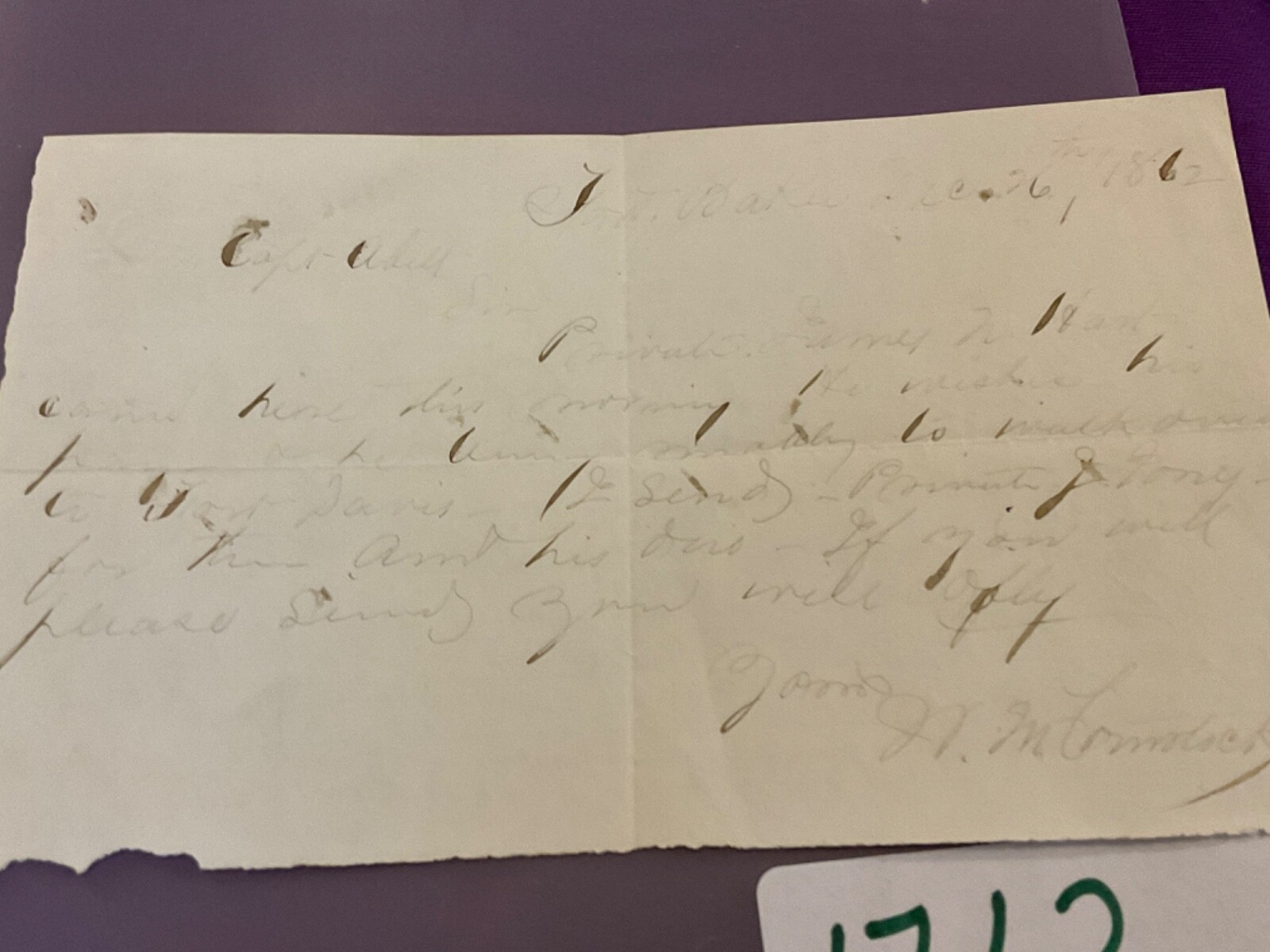 CIVIL WAR FORT BAKER DC PASS FOR 10h NY LIGHT ARTILLERY TO FORT DAVIS 1712 CIVIL WAR FORT BAKER DC PASS FOR 10h NY LIGHT ARTILLERY TO FORT DAVIS 1712