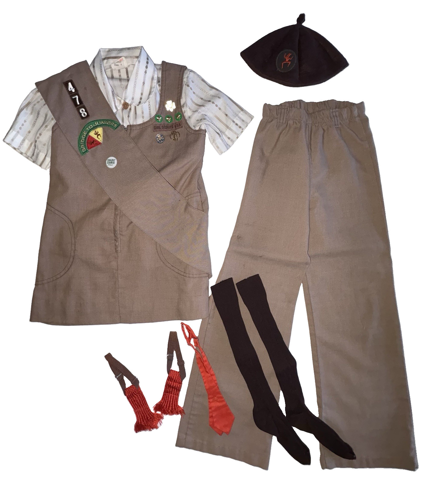 Vtg 1970\'s Brownie Girl Scout Uniform Sash Patches Pins Beanie Tie Blouse Pants