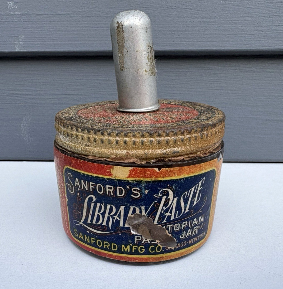 Vintage advertising glass jar Sanford\'s Library Paste early 1900\'s paper label Vintage advertising glass jar Sanford\'s Library Paste early 1900\'s paper label