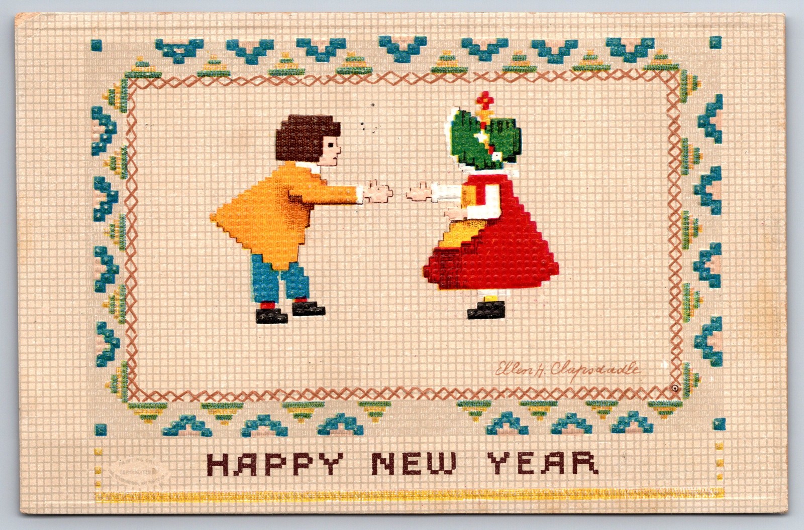 Ellen H Clapsaddle New Year Cross Stitch~Boy & Girl Shake Hands~Emboss~IAPC~1913