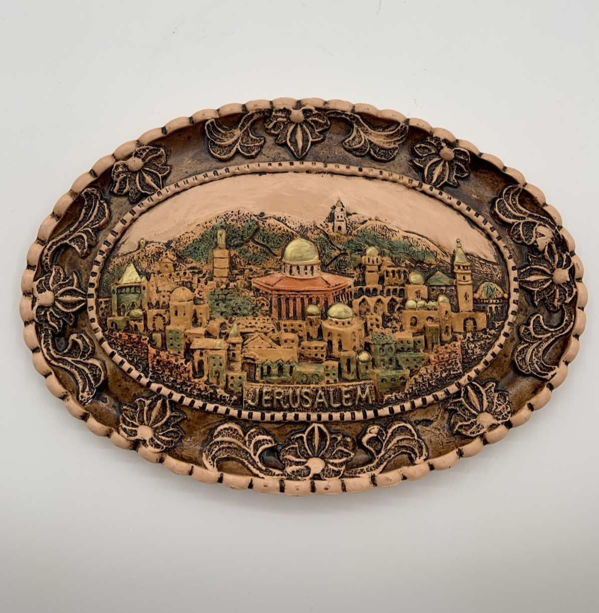 Vintage Jerusalem Old City Art Plaque 3-D Design Wall Hanging Hook On Back. 10x7