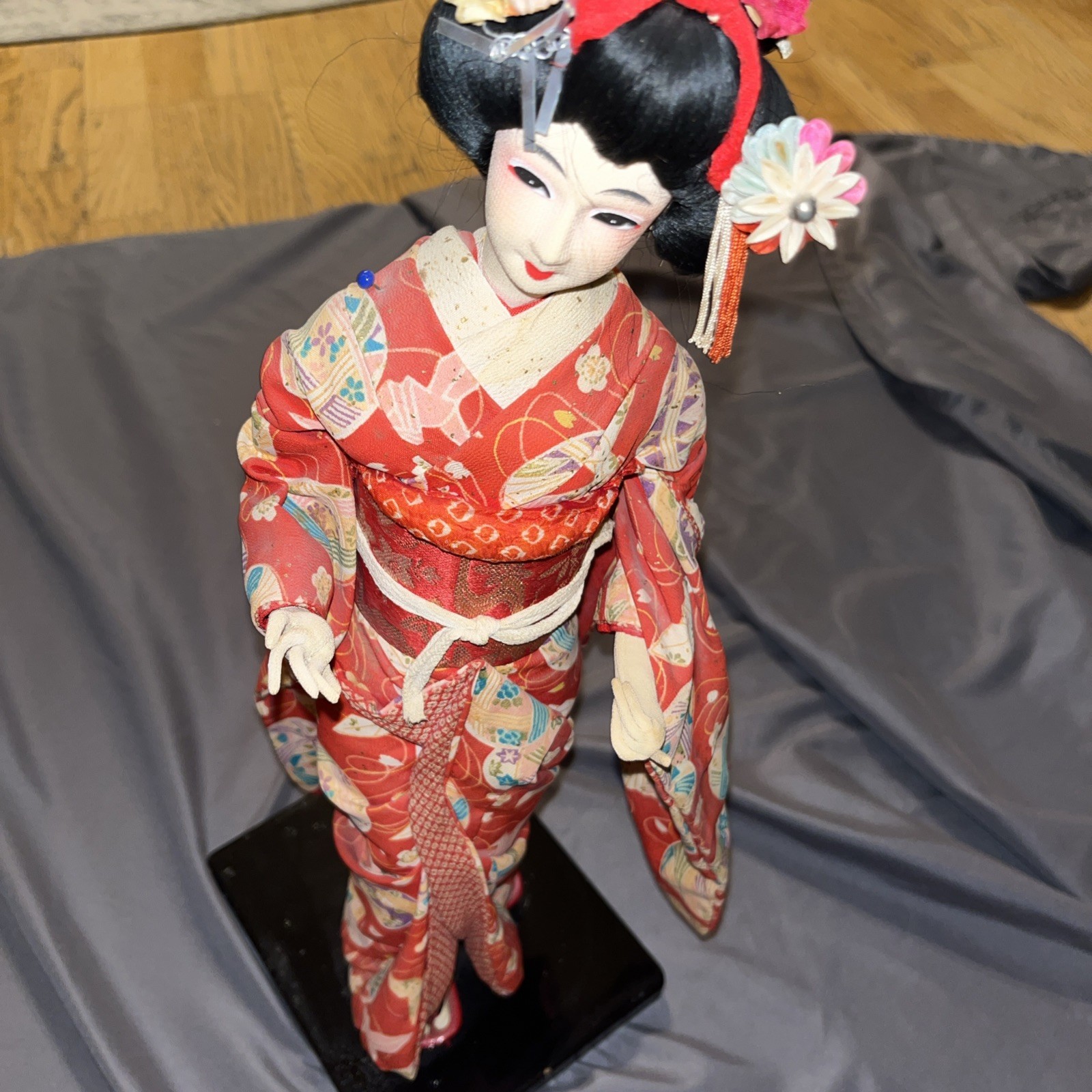 Vtg Japanese Geisha Doll Ningyo Red Kimono Wood Stand Folk Craft Figurine 17”