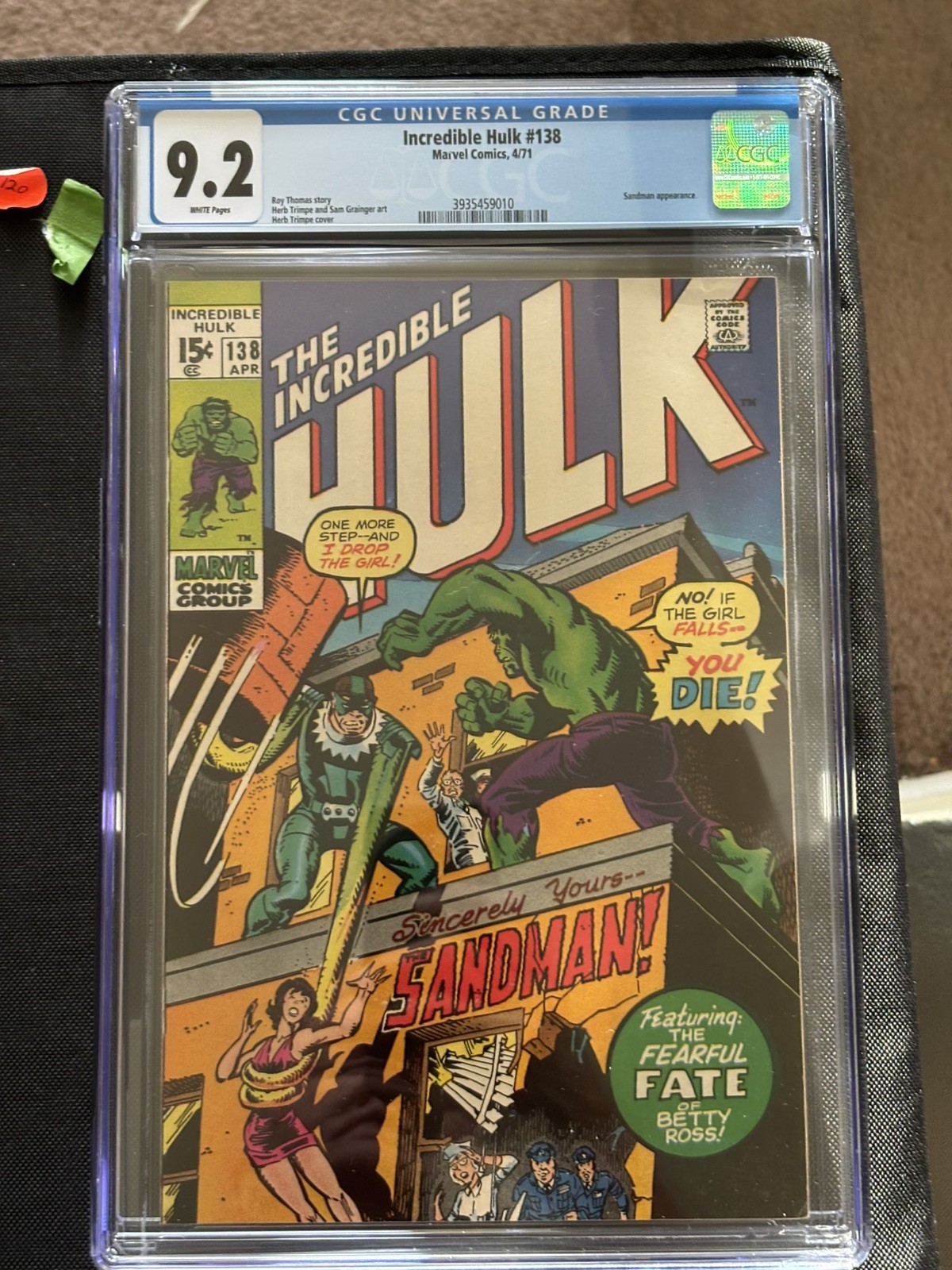 Incredible Hulk #138 CGC 9.2 white sandman 