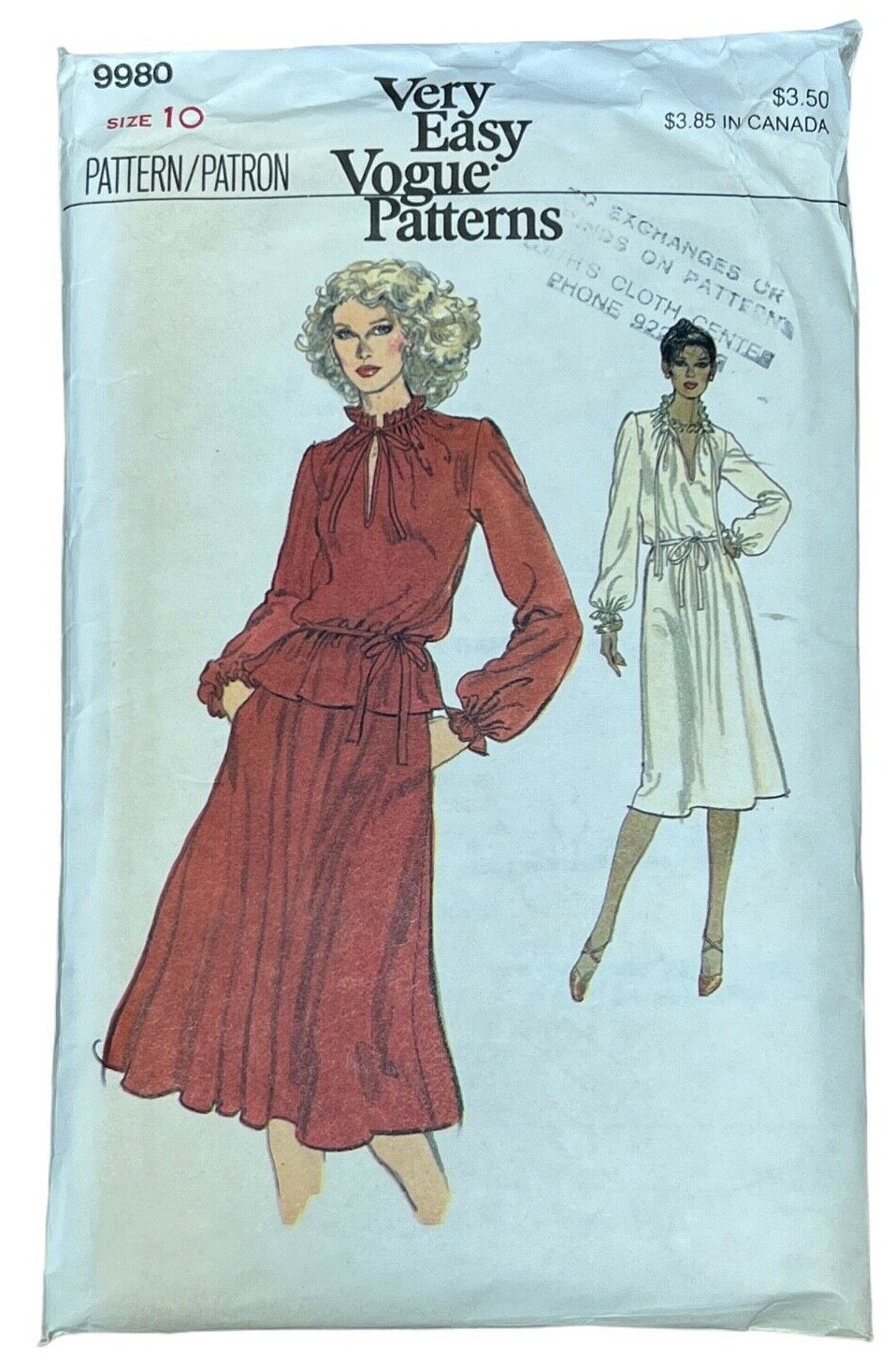Vintage 1979 Very Easy Vogue Pattern 9980 Womens Dress Peplum Top Skirt Size 10