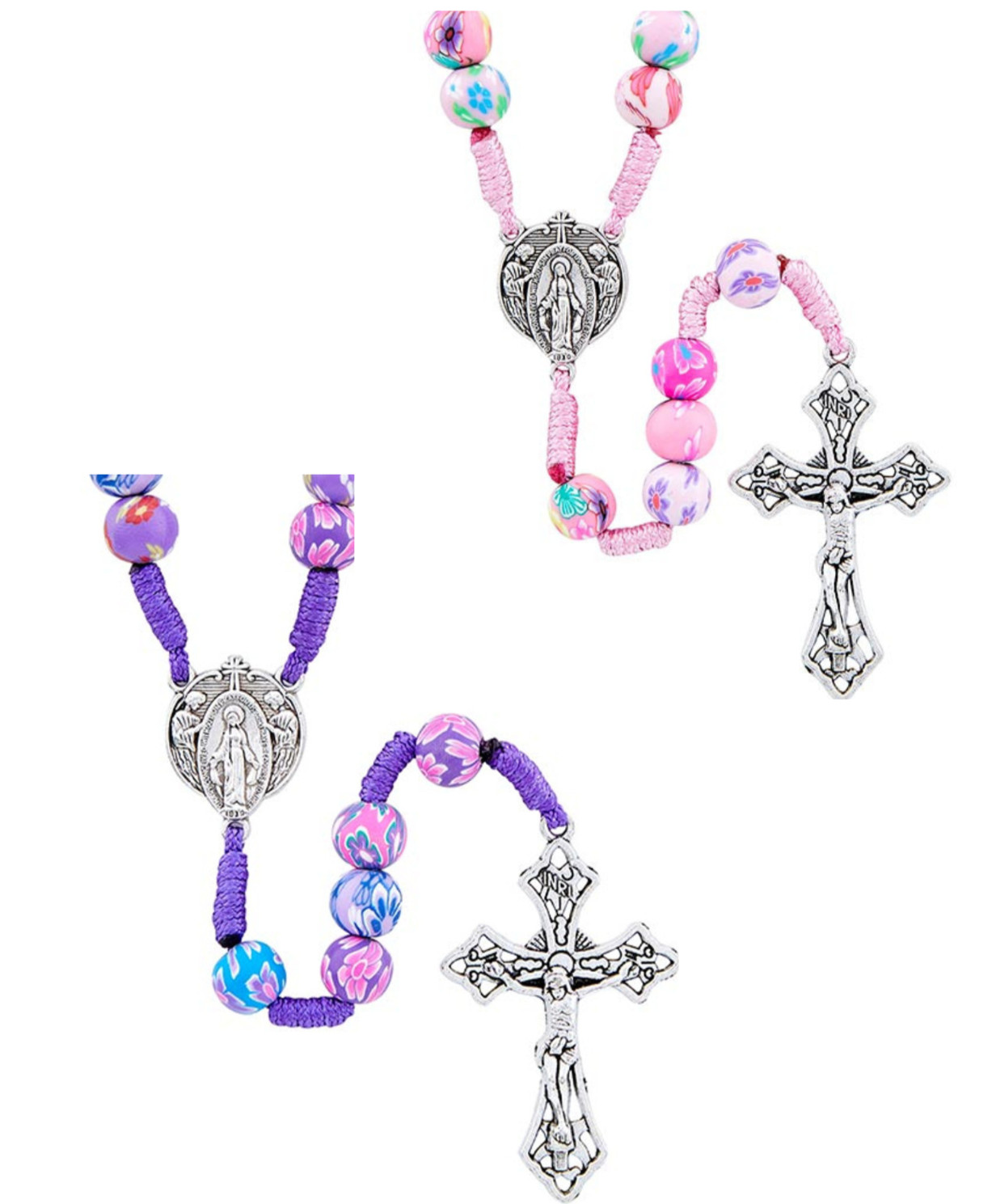 2-pk Girls Pink & Purple Floral Clay Bead Corded Rosary Set Catholic Children\'s