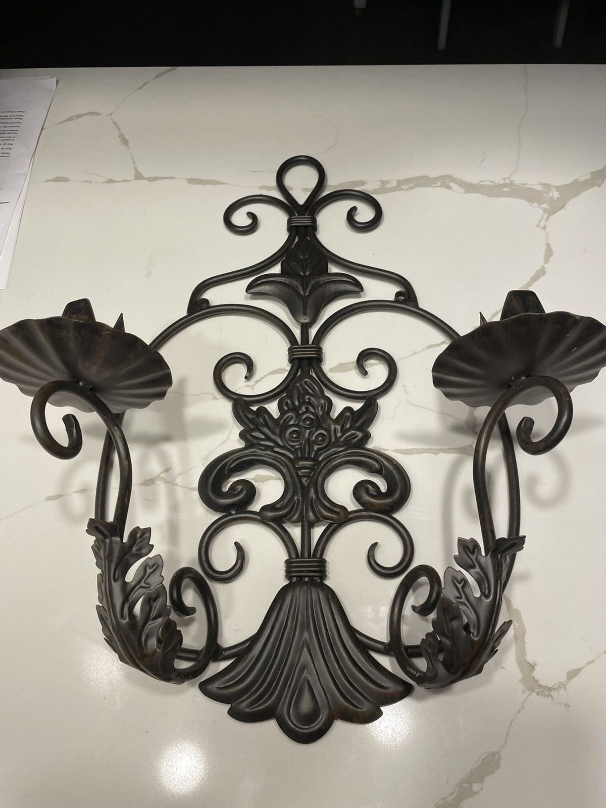 Vintage Ornate Black Metal Wall Sconce Double Candle Holder Scroll Fleur De Lis Vintage Ornate Black Metal Wall Sconce Double Candle Holder Scroll Fleur De Lis