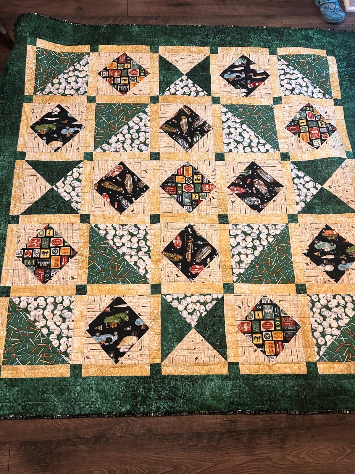Vintage hand quilted hand stiched golf quilt 64x62 double sided Rare