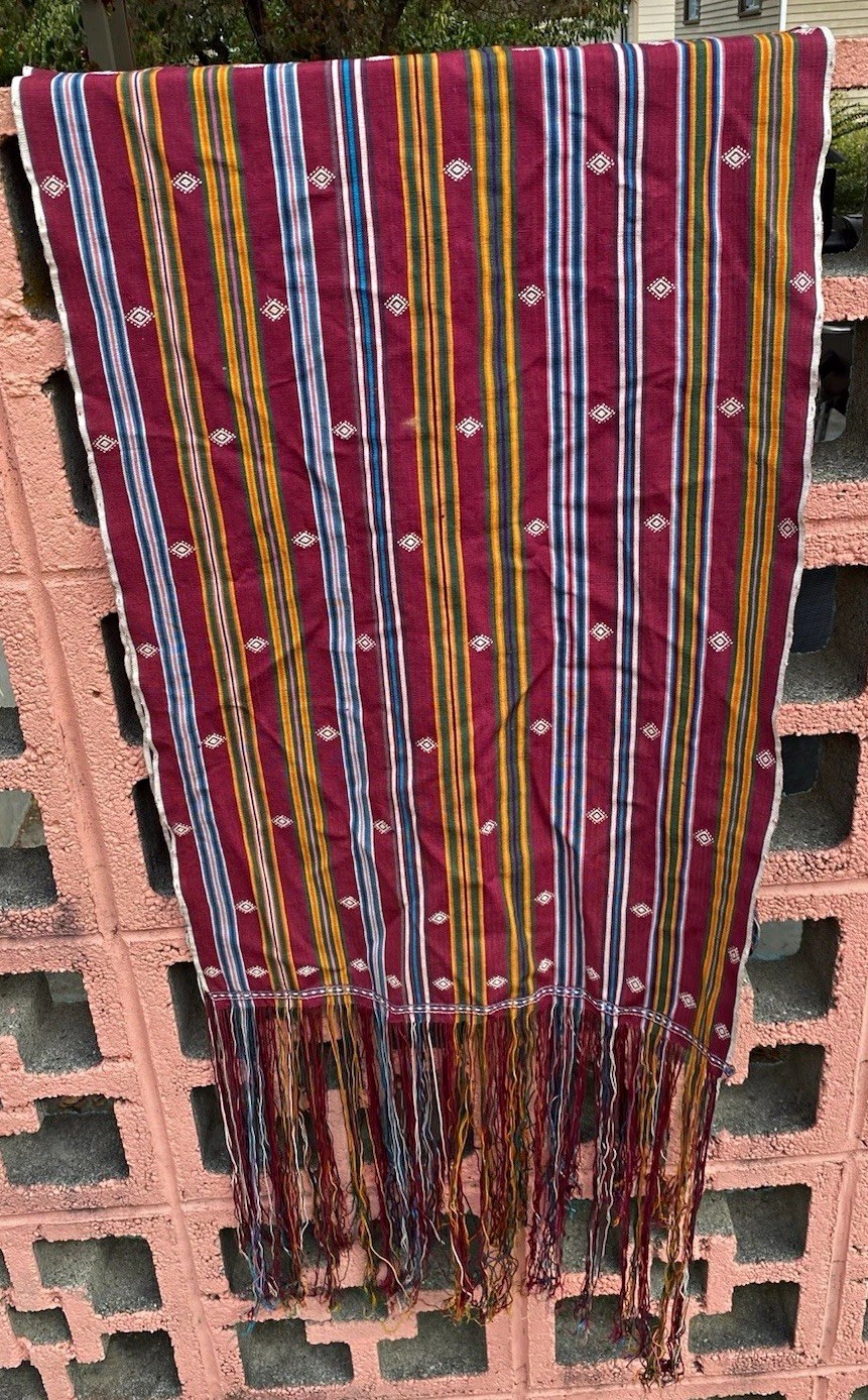 Vintage Bhutanese Rachu Handwoven Silk Cotton Shawl Textile 8.5’ x 18.5”